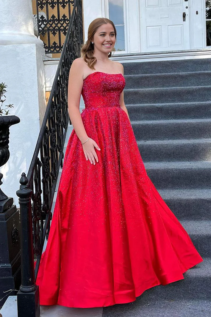 Sparkly Cute Ball Gown Red Satin Prom Dress with Beading